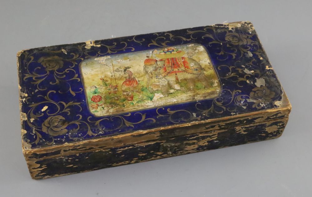 A Tibetan painted wood painting box, 19th century, W.25.5cm, some losses